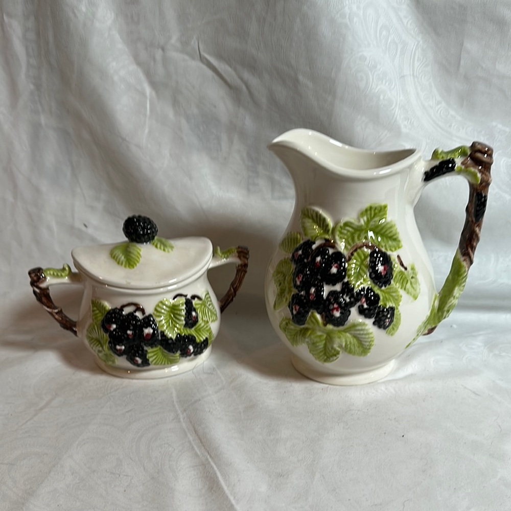 Vintage Atlantic Mold Ceramic Pitcher and Sugar Bowl with Blackberry Design